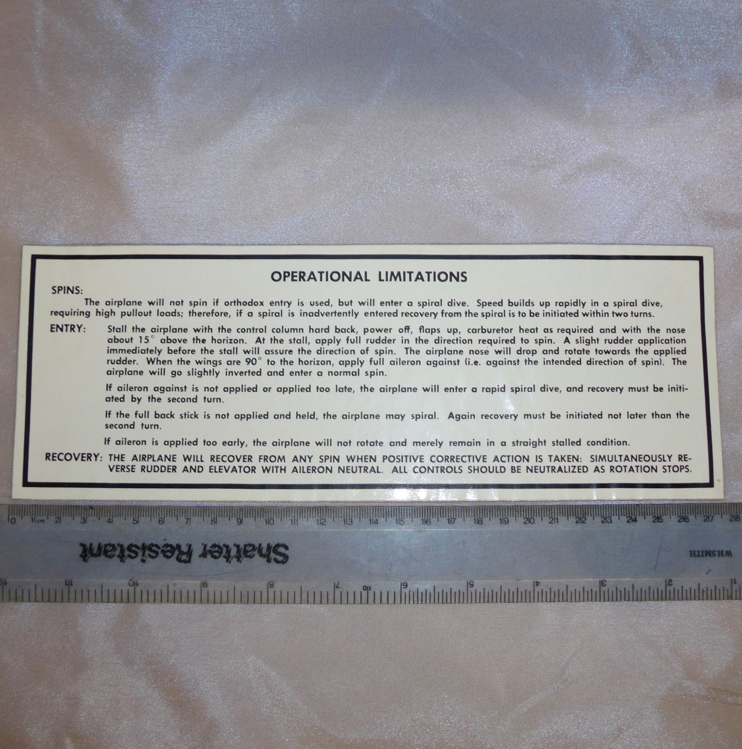 Operational Limitations Decal - Beechcraft (N/S)